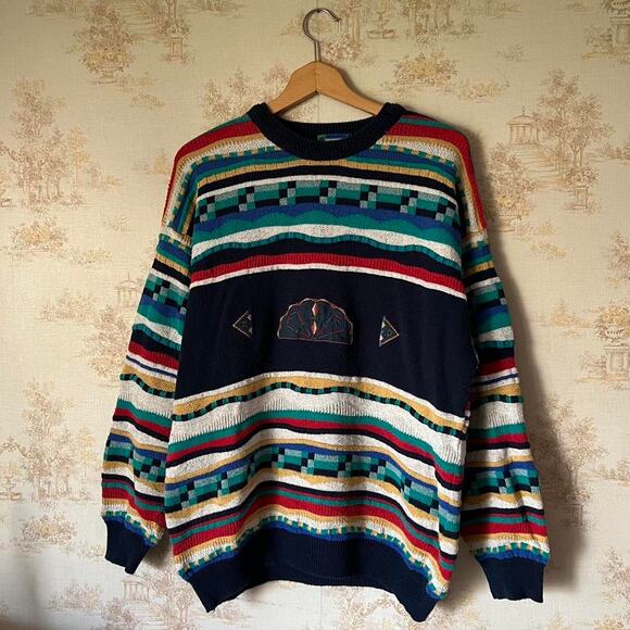 90s Lago Made In Italy Multi-Colored Coogi Style 3D Sweater 23.5x28” - Picture 2 of 7